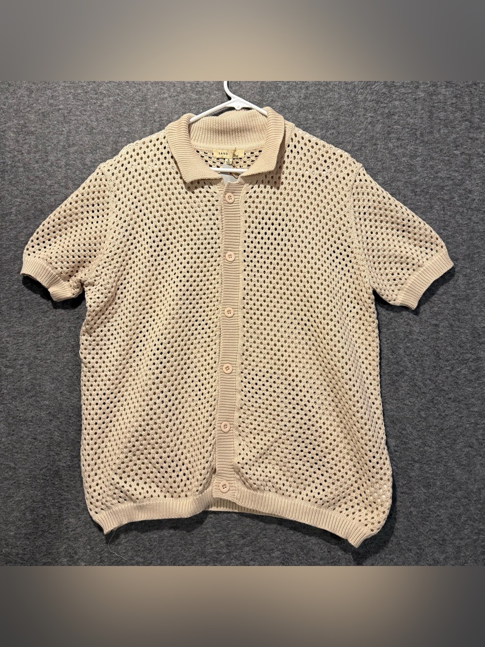 Sandstone Crochet Open Knit Shirt Mens S Tan Beige Button Up Beach Boho Coastal